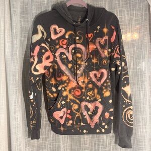 Custom Grey Hoodie With Yellow Sparkles and Pink Heart Painted Sweatshirt Small